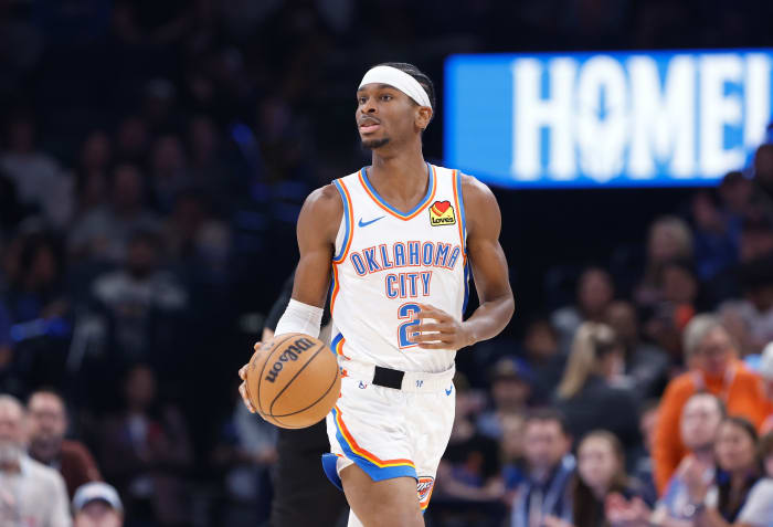 Dec 8, 2023; Oklahoma City, Oklahoma, USA; Oklahoma City Thunder guard Shai Gilgeous-Alexander (2) dribbles the ball down the court against the Golden State Warriors during the second quarter at Paycom Center.